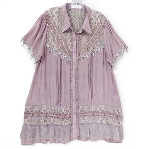 My Pretty Angel Boho Lace Tunic Top M Mauve Crochet Lace Button Front Bohemian